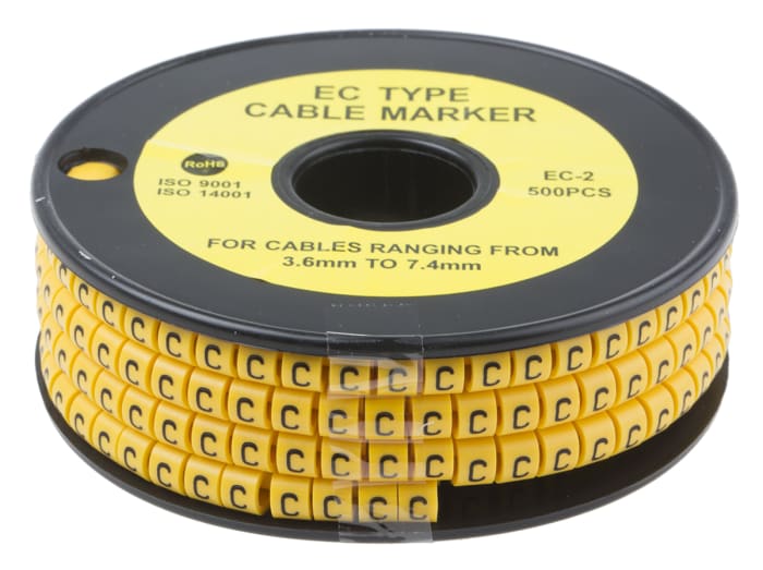 RS PRO EC Slide-On Cable Marker, Black, Pre-printed "C", 7.4 mm Cable Yellow, 3.6 mm Cable