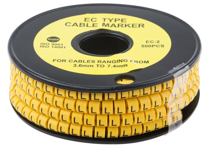 RS PRO EC Slide-On Cable Marker, Black, Pre-printed "L", 7.4 mm Cable Yellow, 3.6 mm Cable
