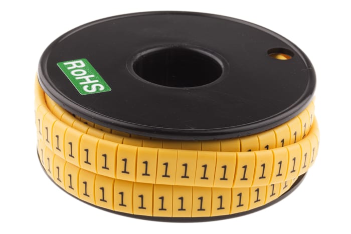 RS PRO Slide On Cable Markers, Black on Yellow, Pre-printed "1", 3.5 → 7mm Cable