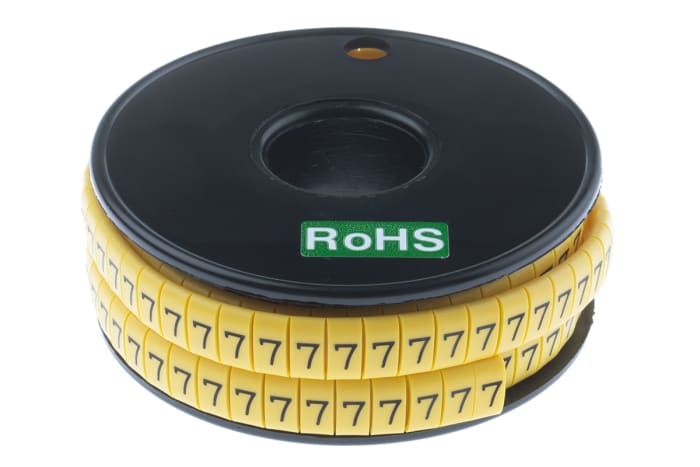 RS PRO Slide On Cable Markers, Black on Yellow, Pre-printed ""7"", 3.5 → 7mm Cable