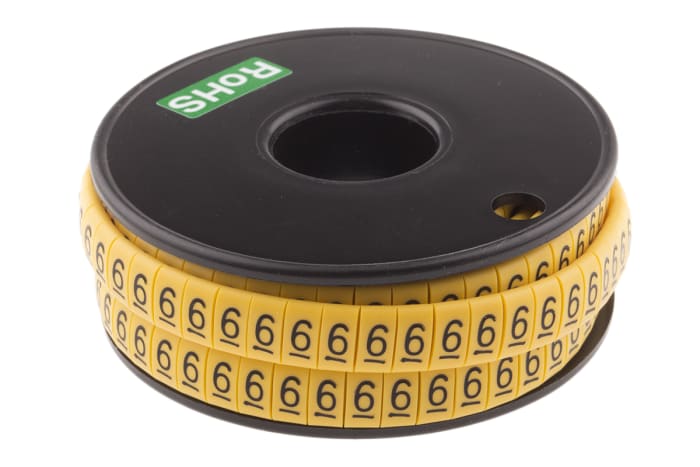 RS PRO Slide On Cable Markers, Black on Yellow, Pre-printed "6", 3.5 → 7mm Cable