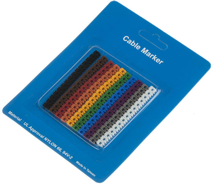 Označovače kabelů Připínací barva Černá, Modrá, Hnědá, Zelená, Šedá, Oranžová, Červená, Fialová Bílá, Žlutá 150 ks
