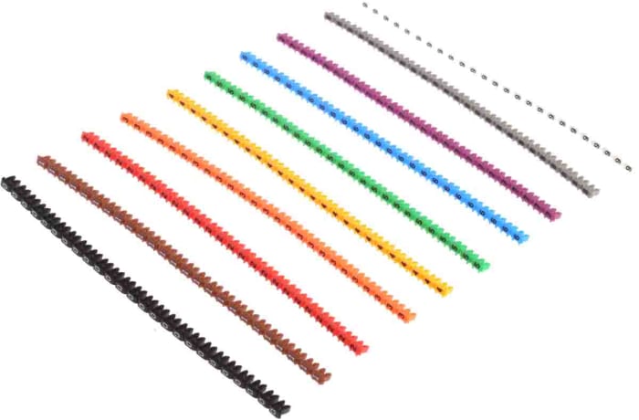 RS PRO Clip On Cable Markers, Black, Brown, Green, Grey, Orange, Red, Violet, White, Yellow, Pre-printed "0 → 9"
