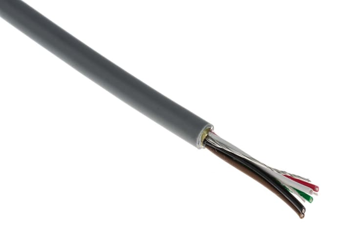 Cable de datos apantallado RS PRO de 5 conductores, 0.22 mm², 24 AWG, long. 500m, Ø ext. 4.95mm, funda de PVC Gris