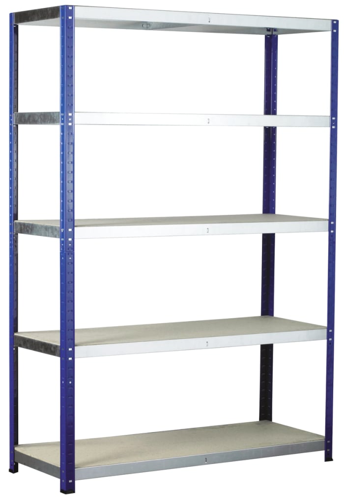 RS PRO Blue 5 Shelf Chipboard, Galvanised Steel Eco-Rax Shelving System, 1800mm x 900mm, 600mm, 265kg Load