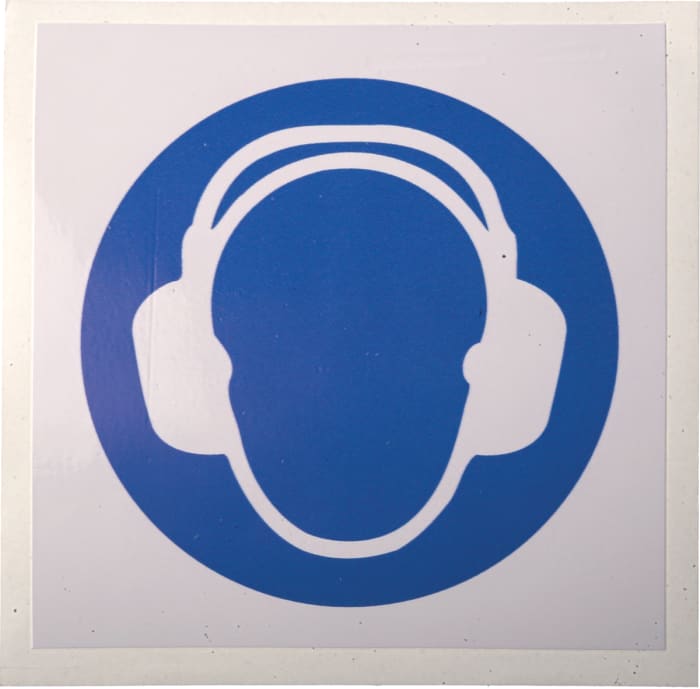 Señal de obligación con pictograma: Protección Auditiva, texto en , autoadhesivo, 100mm x 100 mm