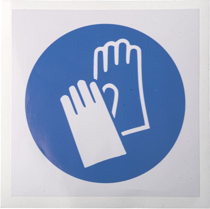 Señal de obligación con pictograma: Protección para Manos, texto en , autoadhesivo, 100mm x 100 mm
