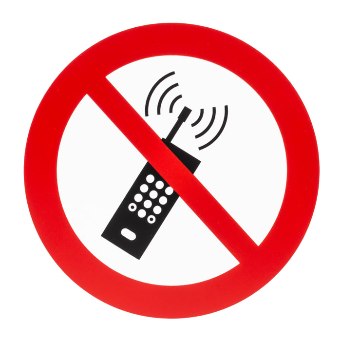 Señal de prohibición con pictograma: Prohibido el Uso de Teléfonos Móviles, texto en , 200mm x 200 mm