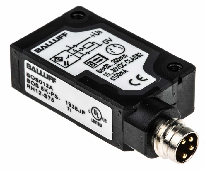 Fotocélula rectangular BALLUFF, Sistema Difuso, alcance 40 mm → 200 mm, salida PNP, Conector de M8 4 clavijas,