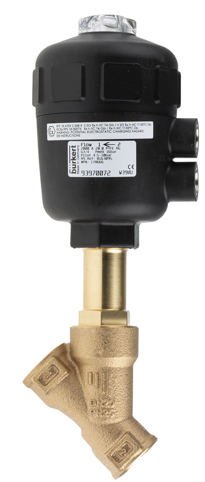 Burkert Angle type Pneumatic Actuated Valve, G 3/4in, 16 bar