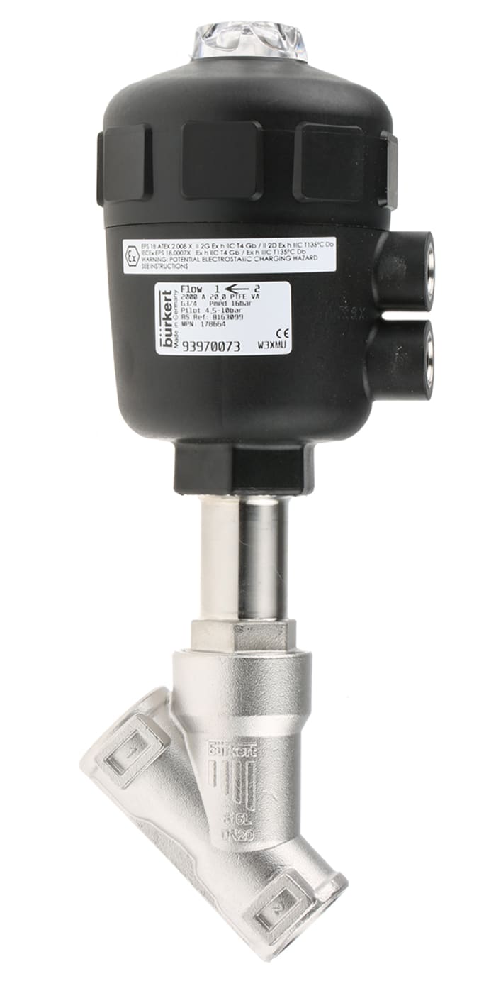 Burkert Angle type Pneumatic Actuated Valve, G 3/4in, 16 bar