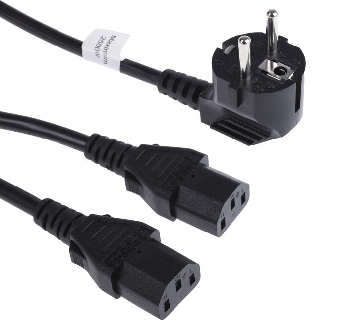 RS Pro 2,5m, Güç Kablosu C13 x2, IEC - CEE 7/7, Schuko, 10A (IEC C13), 16A (F Tipi - Schuko Fiş), 250 V