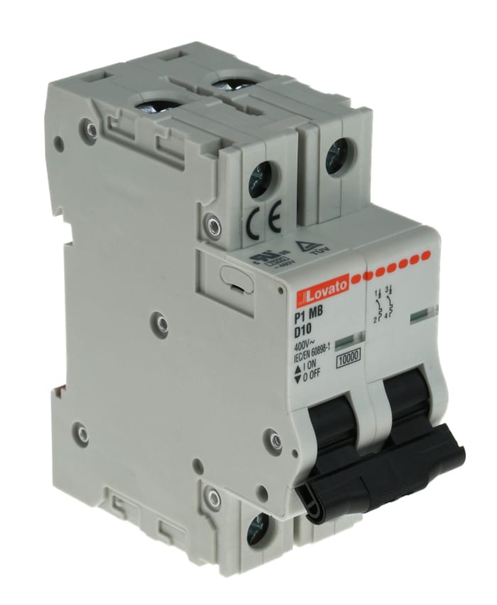 Lovato ModuLo P1MB MCB, 2P, 10A Curve D, 230V AC, 80V DC, 10 kA Breaking Capacity