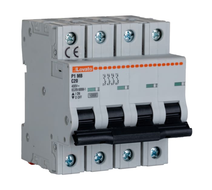 Lovato ModuLo P1MB MCB, 4P, 20A Curve C, 230V AC, 10 kA Breaking Capacity