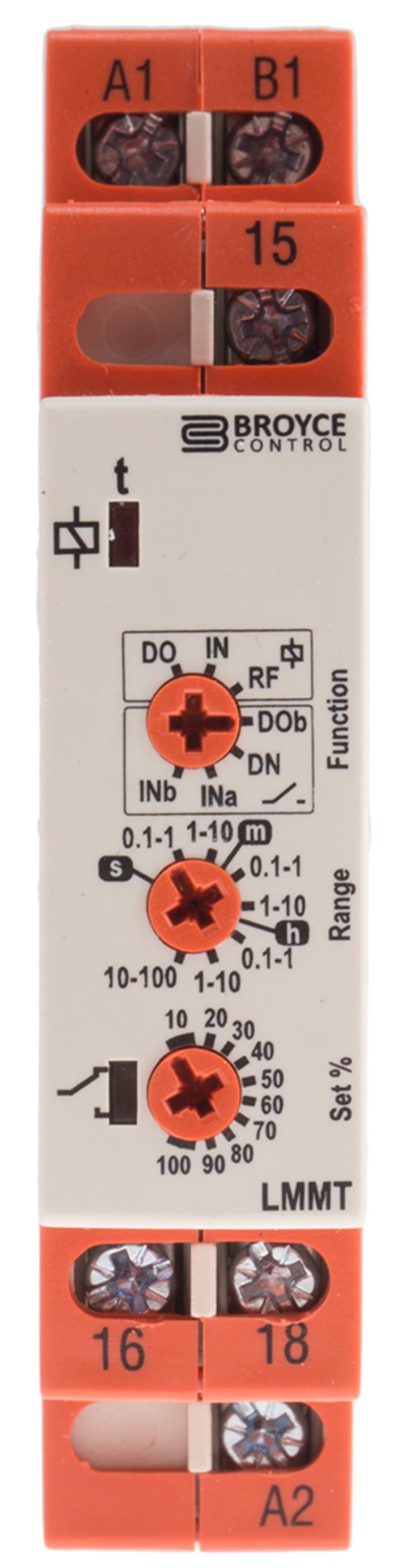 Broyce Control DIN Rail Mount Timer Relay, 24 → 230 V ac/12 → 230V dc, 1-Contact, 0.1 s → 100h,