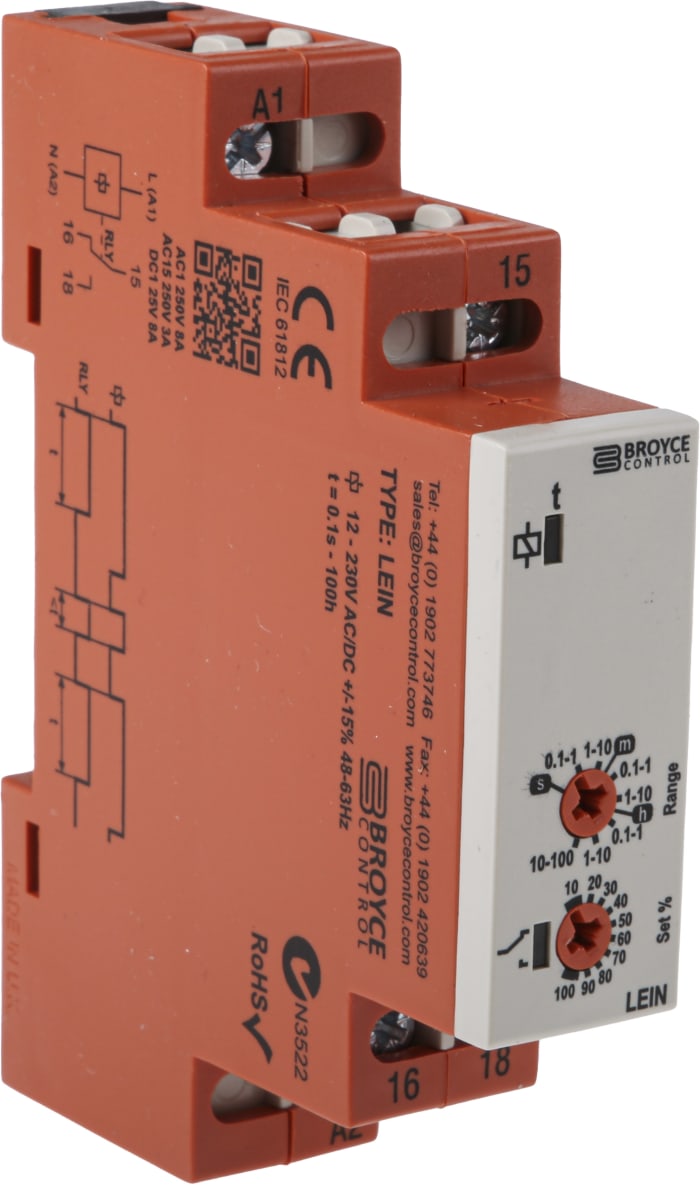 Relais temporisé Broyce Control, 12 → 230V c.a. / V c.c., Rail DIN, 1 contact