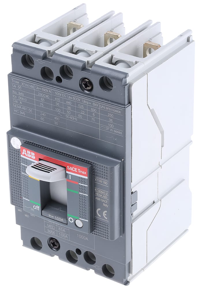 Disjoncteur ABB Tmax XT 3 pôles, 100A, pouvoir de coupure 36 kA, Montage panneau