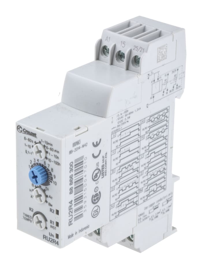 Crouzet DIN Rail Mount Timer Relay, 12V ac/dc, 2-Contact, 0.1 s → 100h