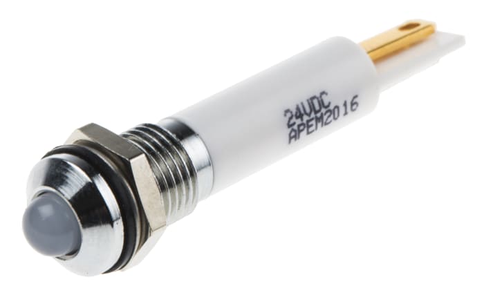 RS PRO White Panel Mount Indicator, 24V dc, 8mm Mounting Hole Size, Faston, Solder Lug Termination, IP67