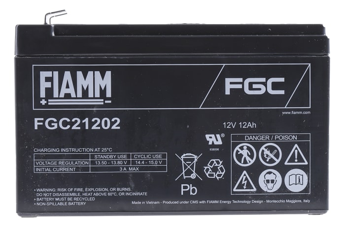 Fiamm 12V Faston F2 Sealed Lead Acid Battery, 12Ah