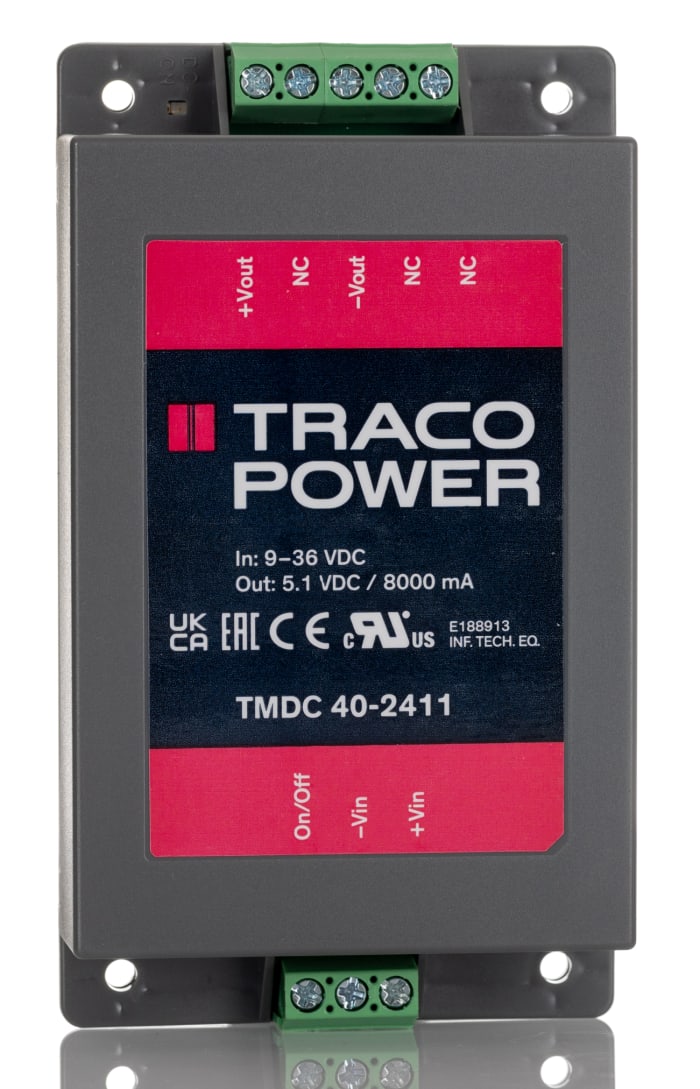 TRACOPOWER TMDC 40 DC-DC Converter, 5V dc/ 8A Output, 9 → 36 V dc Input, 40W, Chassis Mount, +65°C Max Temp