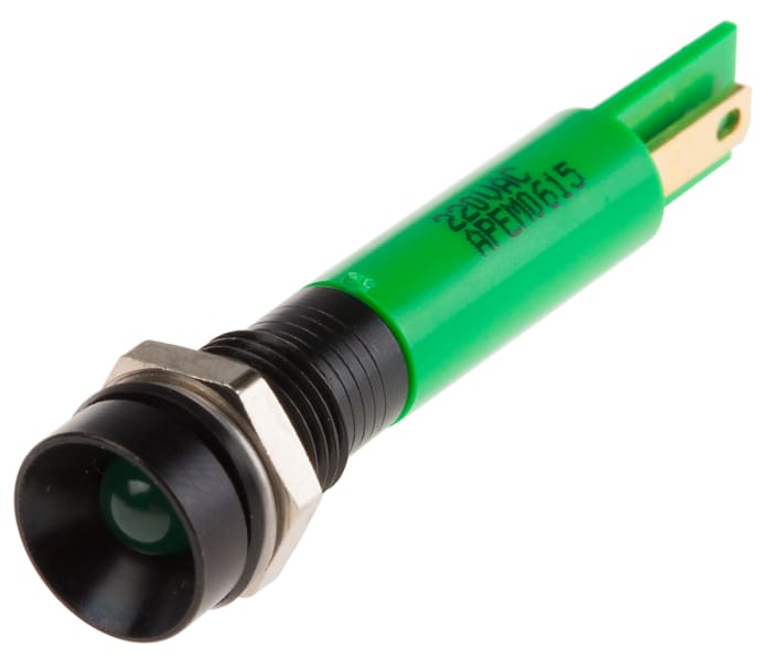 RS PRO Green Panel Mount Indicator, 220V ac, 8mm Mounting Hole Size, IP67