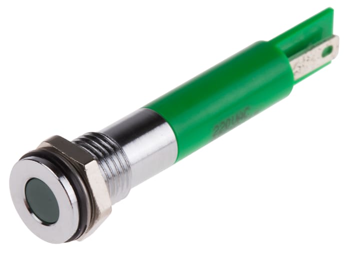 RS PRO Green Panel Mount Indicator, 220V ac, 8mm Mounting Hole Size, IP67
