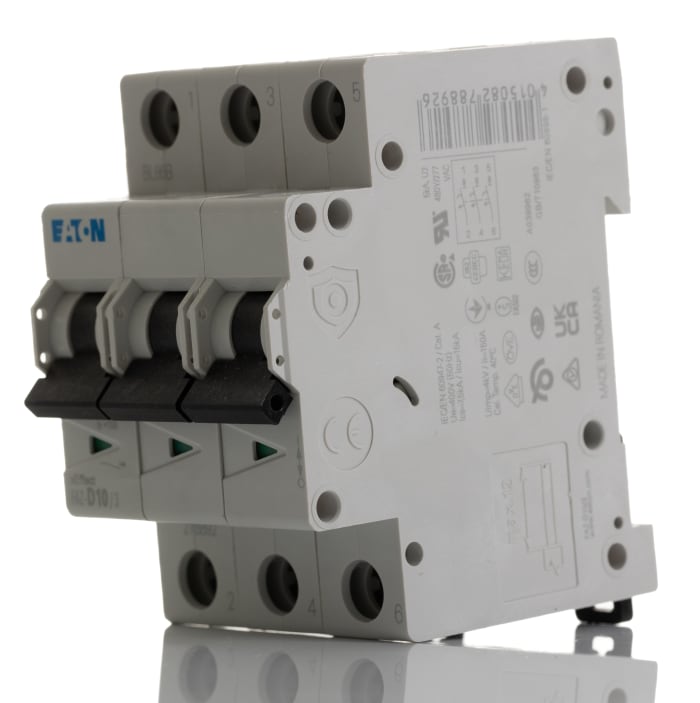 Disjoncteur Eaton 3P, 10A, pouvoir de coupure 10 kA, montage rail DIN