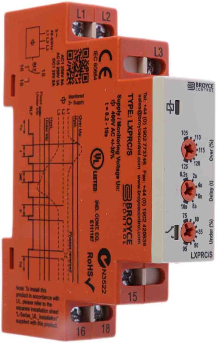 Broyce Control Phase, Voltage Monitoring Relay, 3 Phase, SPDT, DIN Rail