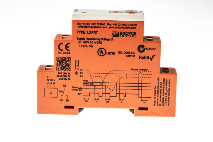 Broyce Control Phase, Voltage Monitoring Relay, 3 Phase, SPDT, 280 → 520V ac, DIN Rail