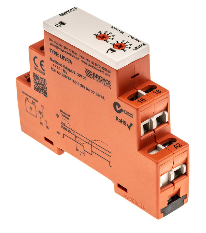 Broyce Control Voltage Monitoring Relay, SPDT, 12 → 24V dc, DIN Rail
