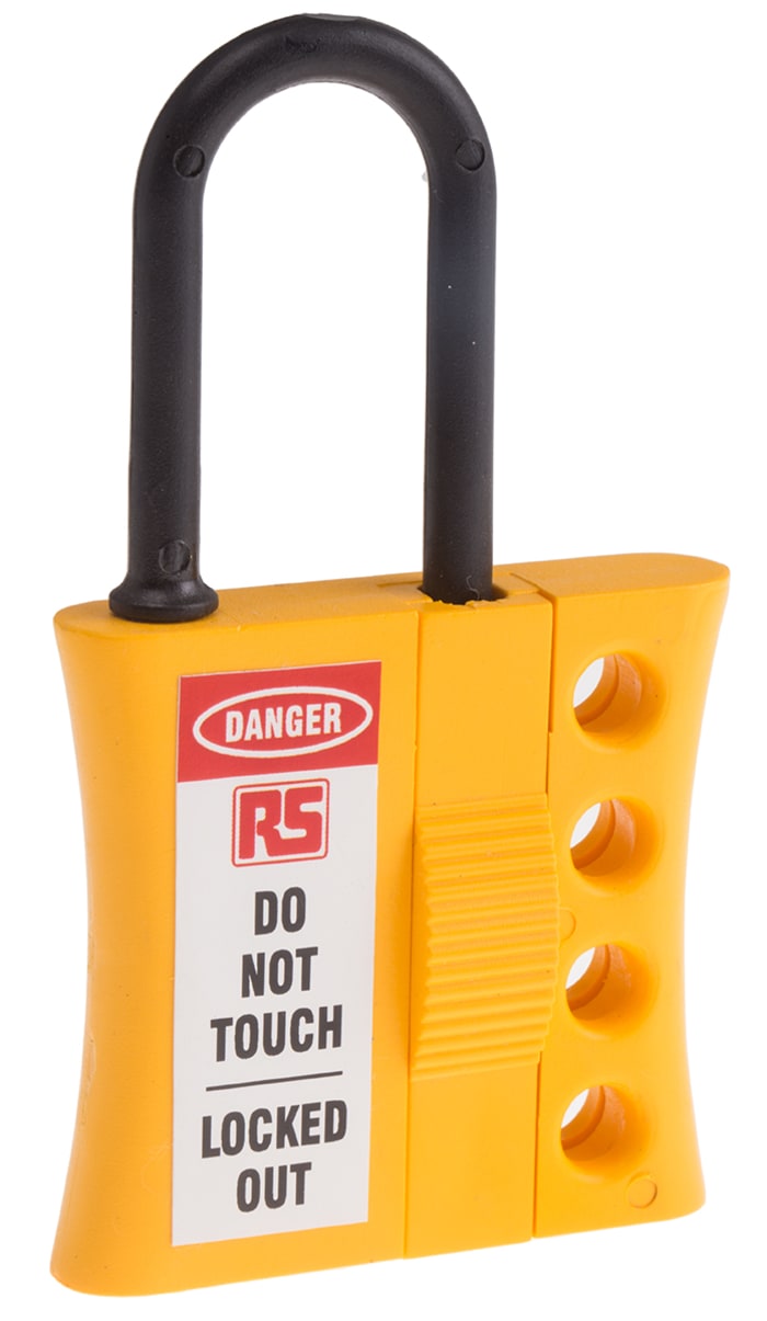 RS PRO Black, Yellow 4-Lock ABS, Nylon Lockout Electrical Hasp, 7.25mm Shackle, 41mm Attachment