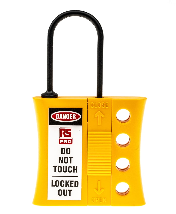 RS PRO Black, Yellow 4-Lock ABS, Nylon Lockout Electrical Hasp, 7.25mm Shackle, 43mm Attachment