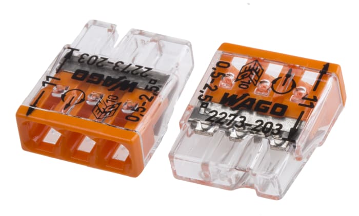 WAGO 2273 COMPACT PUSH WIRE Series Junction Box Connector, 3-Way, 24A, 20 → 16 AWG Wire, Push-In Termination