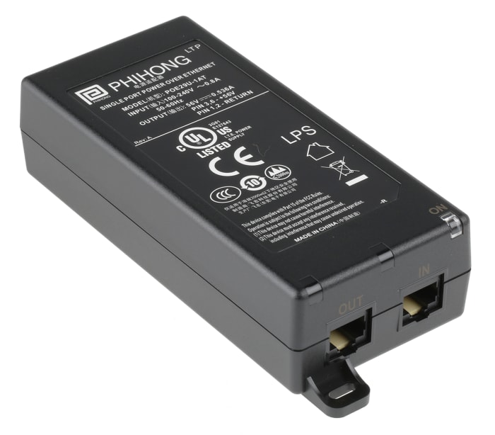 Phihong Single Port POE Injector, 100 → 240V ac Input, 56V Output, 1.1A, 60W