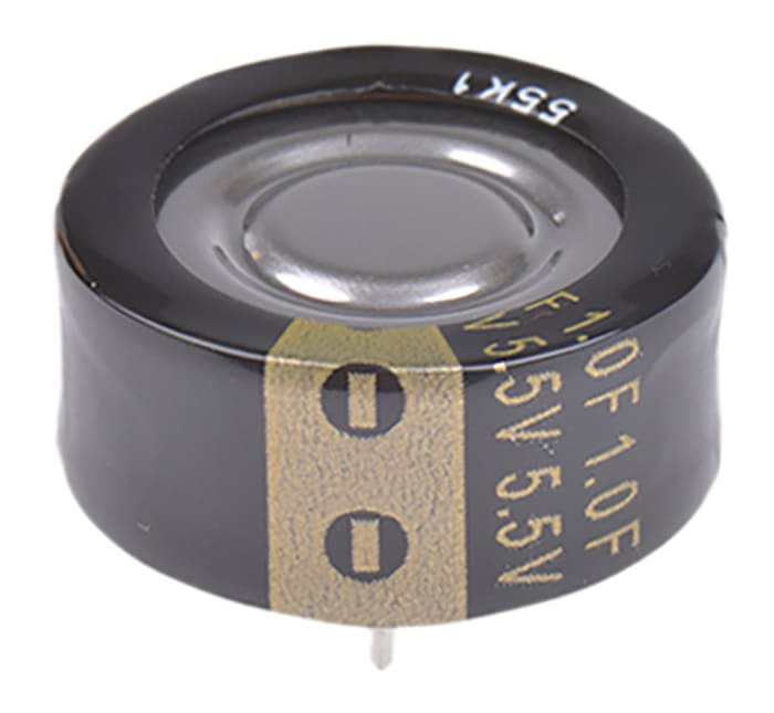 Supercondensateur, 1F, 5.5V c.c., Traversant, 21.5 (Dia.) x 9.5mm, pas de 5mm, -25 °C → +85 °C.