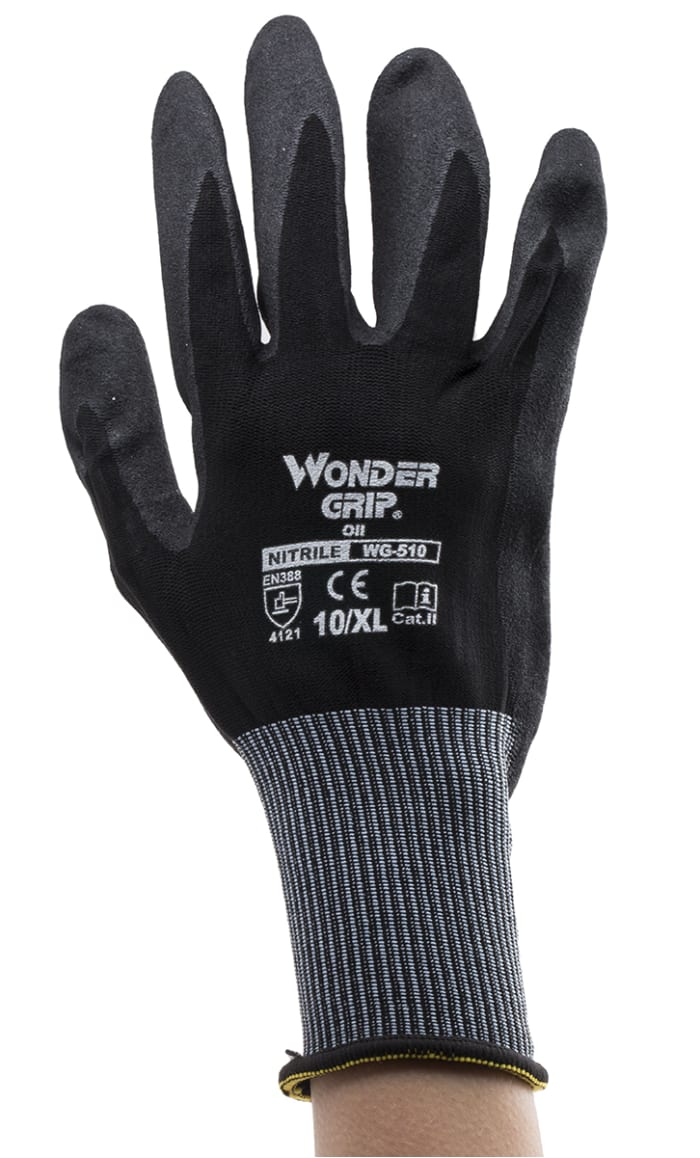 RS PRO Black Nylon Oil Resistant Work Gloves, Size 10, Nitrile Coating