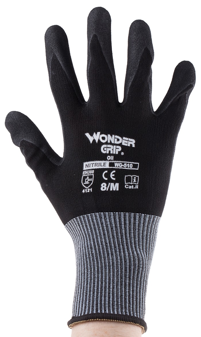Gants de manutention RS PRO, Taille 8, Résistant à l'huile, 12, Noir