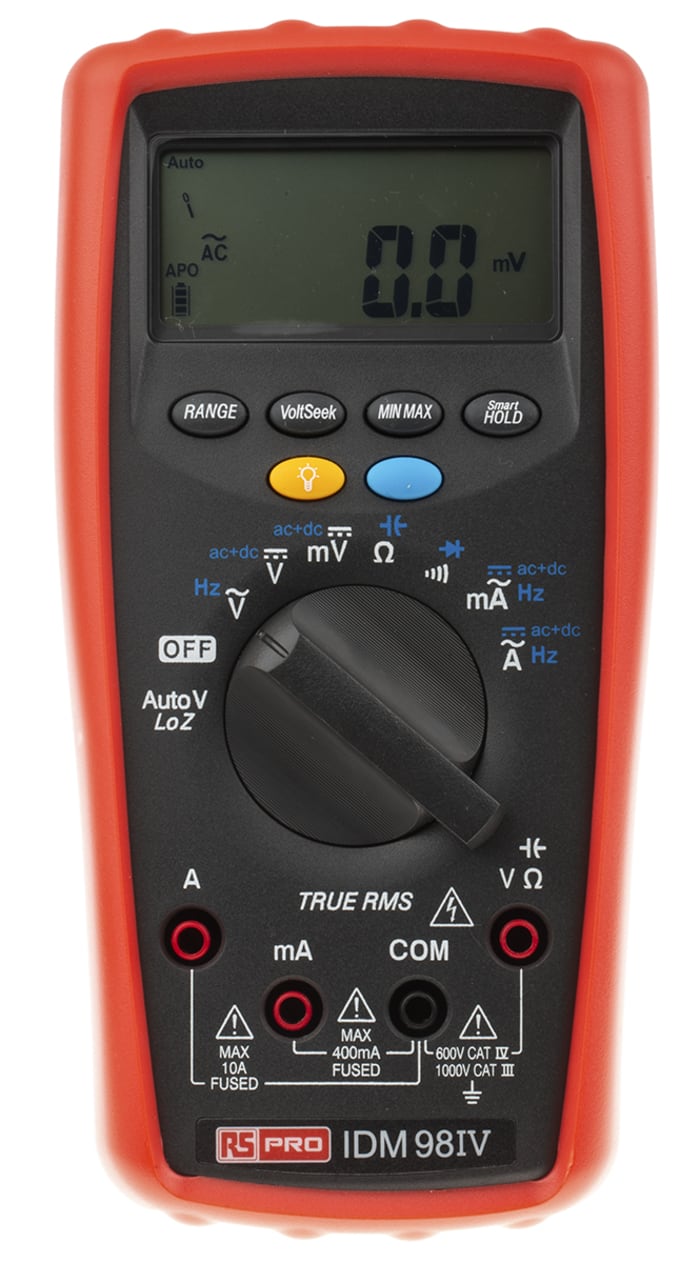 RS PRO IDM98IV Handheld Digital Multimeter, True RMS, 10A ac Max, 10A dc Max, 1000V ac Max