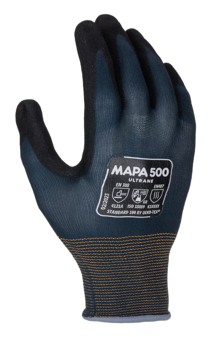 Guantes de trabajo de Nitrilo Negro Mapa serie ULTRANE 500, talla 8, con recubrimiento de Nitrilo, Uso general