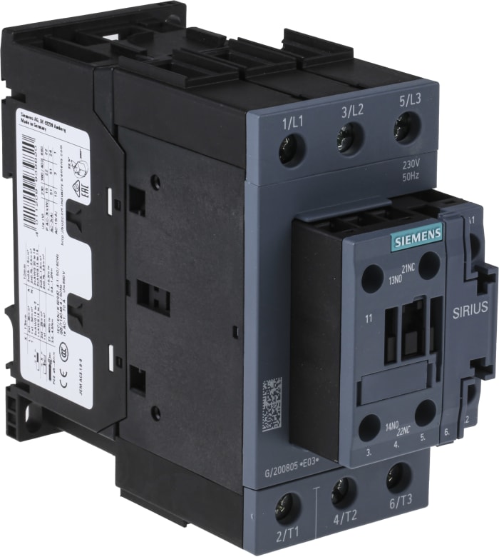 Siemens SIRIUS 3RT Size S2, 3RT2 Contactor, 230 V ac Coil, 3-Pole, 50 A, 22 kW, 3NO, 400 V ac