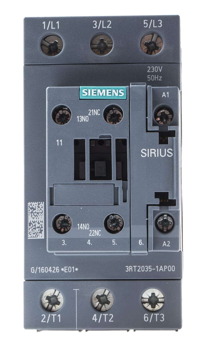 Siemens SIRIUS 3RT Size S2, 3RT2 Contactor, 230 V ac Coil, 3-Pole, 40 A, 18.5 kW, 3NO, 400 V ac