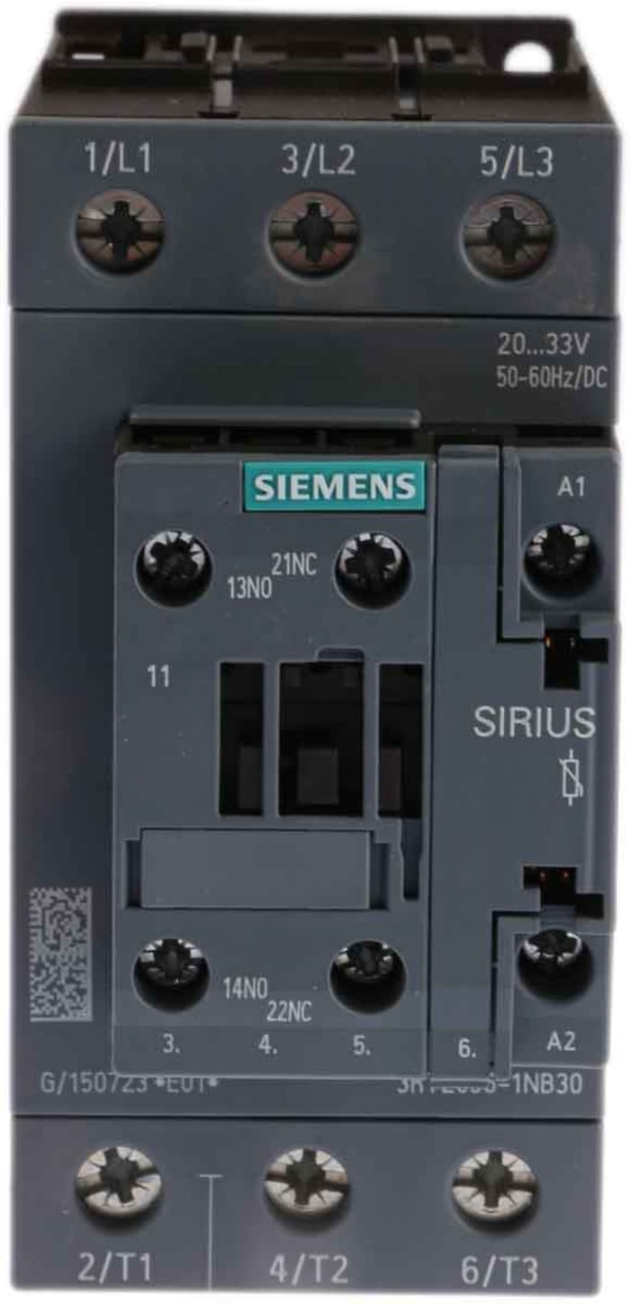 Siemens SIRIUS 3RT Size S2, 3RT2 Contactor, 24 V ac/dc Coil, 3-Pole, 50 A, 22 kW, 3NO, 400 V ac