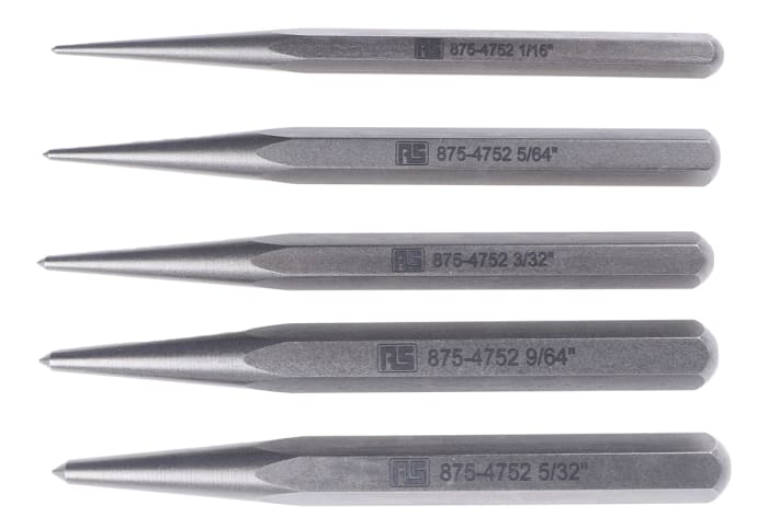 RS PRO 5-Piece Punch Set, Centre Punch, 1/16 → 5/32 in Shank
