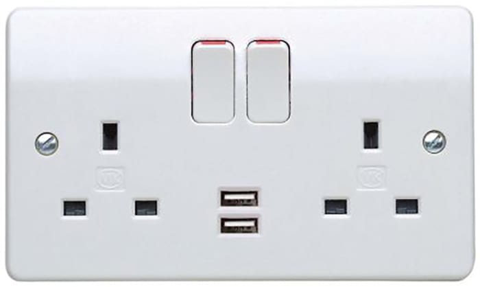 Prise USB et 13A MK Electric série Logic Plus double, Montage encastré, Type G - Britannique, USB avec interrupteur,