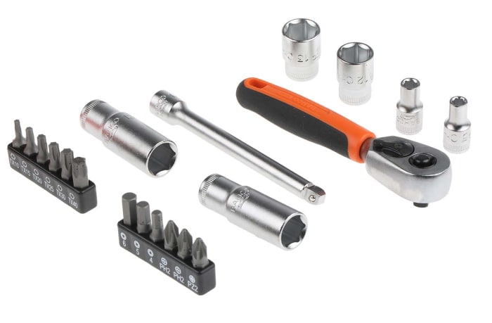 Bahco 37 Piece Metric 1 4 in Deep Socket Standard Socket Bit Set with Ratchet 6 point Hex Bit Phillips Bit Pozidriv
