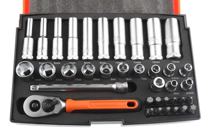 Bahco 37 Piece Metric 1 4 in Deep Socket Standard Socket Bit Set with Ratchet 6 point Hex Bit Phillips Bit Pozidriv