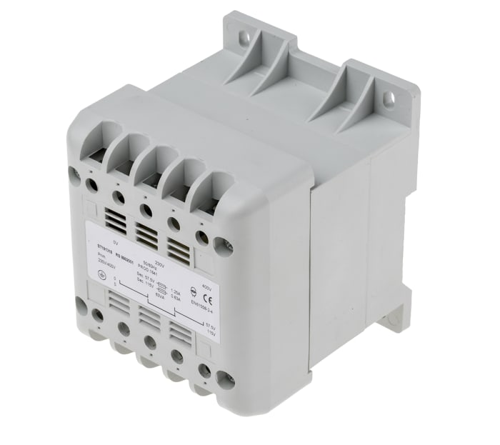 Transformátor na lištu DIN 63VA, primární napětí: 400V ac, sekundární napětí: 57.5V ac, Lišta DIN, 106 x 90 x 87mm