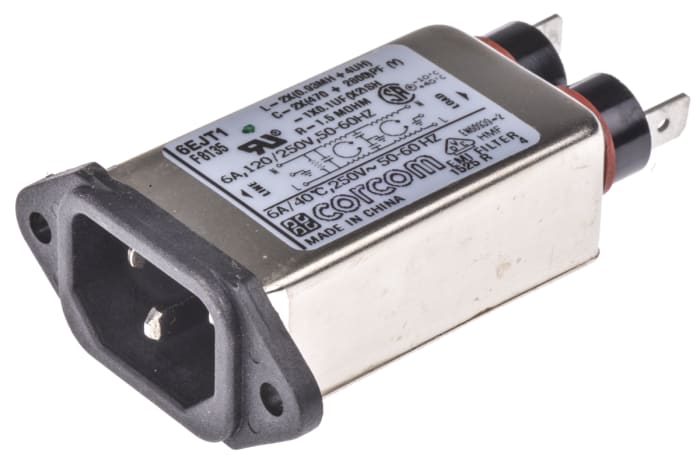 TE Connectivity 6A, 250 V ac Male Flange Mount IEC Filter 2-6609006-3, Spade None Fuse