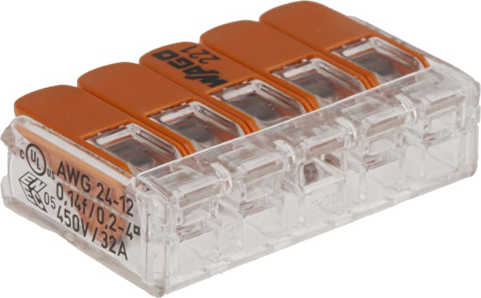 WAGO 221 Series Lever Connector, 5-Way, 32A, 24 → 12 AWG Wire, Cage Clamp Termination
